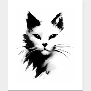 Sumie Japanese Brushstroke White Cat Portrait Posters and Art
